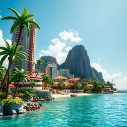 Close-up of a tropical LEGO island with towering buildings, capturing the entire island under a bright sunny day