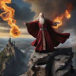 A formidable, evil wizard, unleashing a whirlwind of destructive arcane magic from atop a cliff, ravaging an entire kingdom below — buildings crumble, fire spreads, and the sky darkens in this display of his overwhelming power