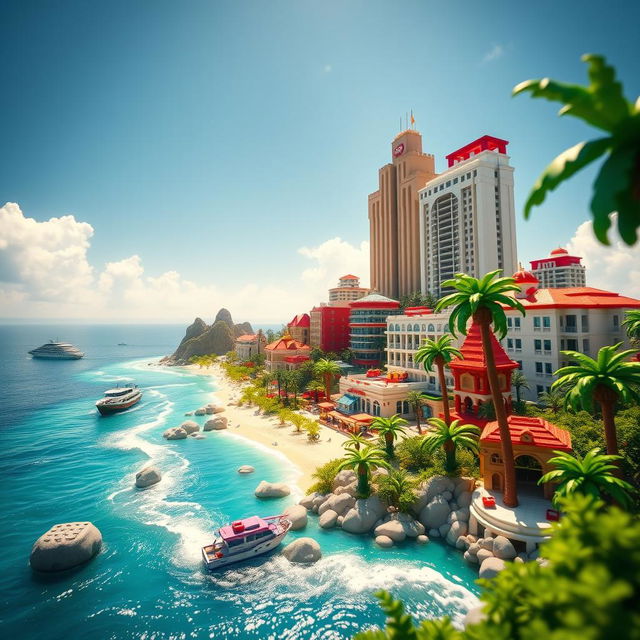 Close-up of a tropical LEGO island with towering buildings, capturing the entire island under a bright sunny day