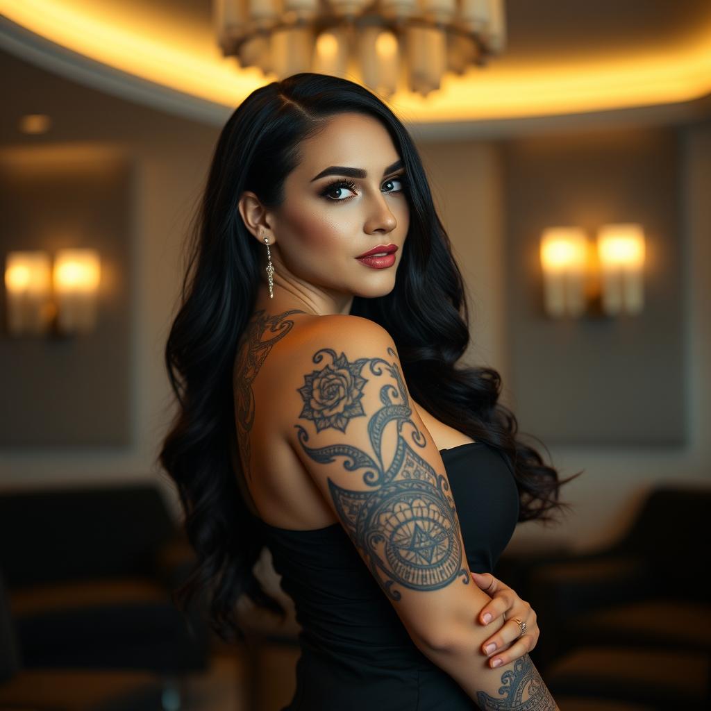 A seductive, curvy woman with intricate tattoos that gracefully adorn her arms and shoulders