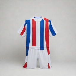 A striking football kit with colors white, blue, and red