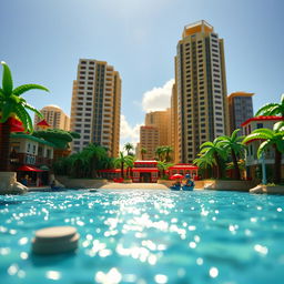 Full view of a miniature tropical LEGO island, showcasing tall LEGO buildings and the entire island bathed in a bright sunny day