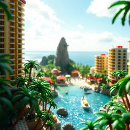 Full view of a miniature tropical LEGO island, showcasing tall LEGO buildings and the entire island bathed in a bright sunny day