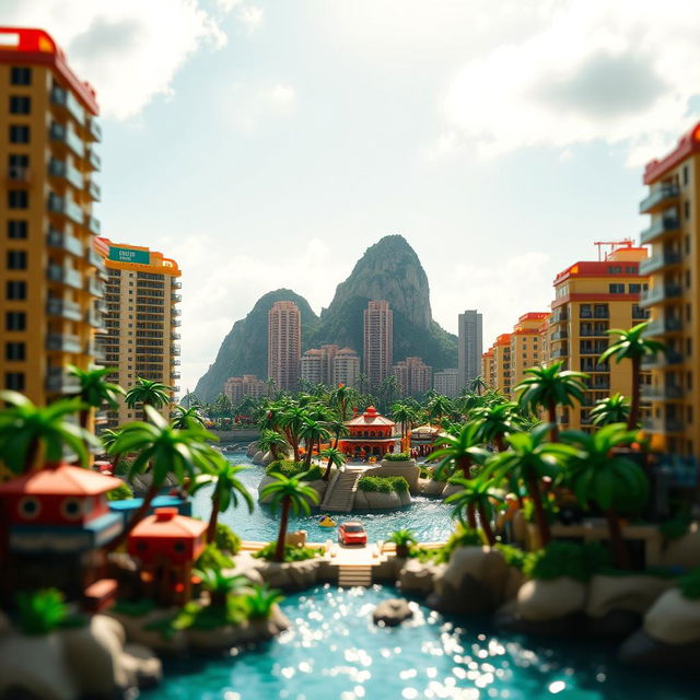 Full view of a miniature tropical LEGO island, showcasing tall LEGO buildings and the entire island bathed in a bright sunny day