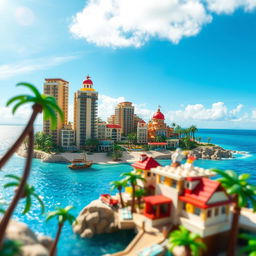 Full view of a miniature tropical LEGO island, showcasing tall LEGO buildings and the entire island bathed in a bright sunny day