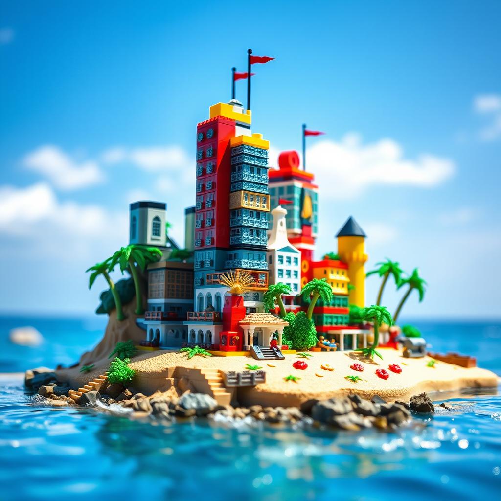 Close-up of a small LEGO island shore with towering LEGO buildings, showcasing the entire island under a bright sunny day