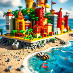 Close-up of a small LEGO island shore with towering LEGO buildings, showcasing the entire island under a bright sunny day