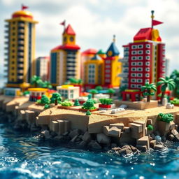 Close-up of a small LEGO island shore with towering LEGO buildings, showcasing the entire island under a bright sunny day