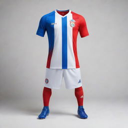 A striking football kit with colors white, blue, and red