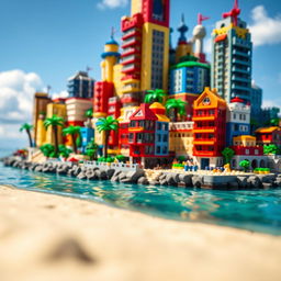 Close-up of a small LEGO island shore with towering LEGO buildings, showcasing the entire island under a bright sunny day