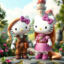 Rapunzel and Flynn Rider reimagined as Hello Kitty figures, embracing the iconic Hello Kitty style with cute and rounded features