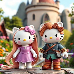 Rapunzel and Flynn Rider reimagined as Hello Kitty figures, embracing the iconic Hello Kitty style with cute and rounded features