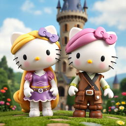 Rapunzel and Flynn Rider reimagined as Hello Kitty figures, embracing the iconic Hello Kitty style with cute and rounded features