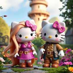 Rapunzel and Flynn Rider reimagined as Hello Kitty figures, embracing the iconic Hello Kitty style with cute and rounded features