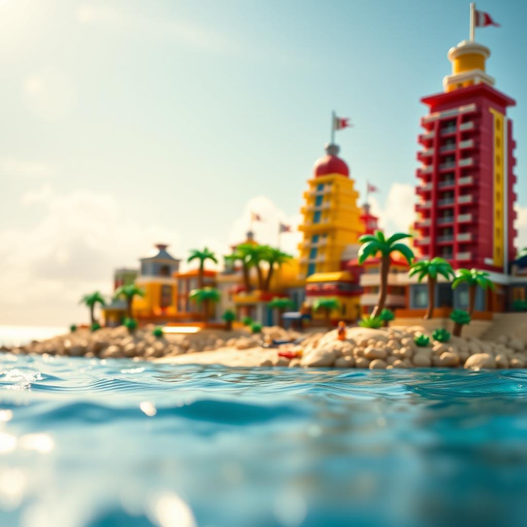 Close-up of a small LEGO island shore with towering LEGO buildings, showcasing the entire island under a bright sunny day