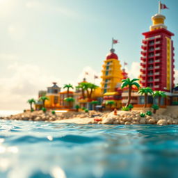 Close-up of a small LEGO island shore with towering LEGO buildings, showcasing the entire island under a bright sunny day