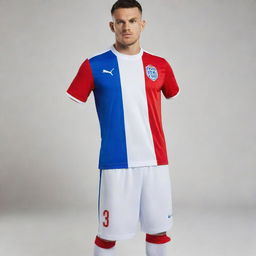 A striking football kit with colors white, blue, and red