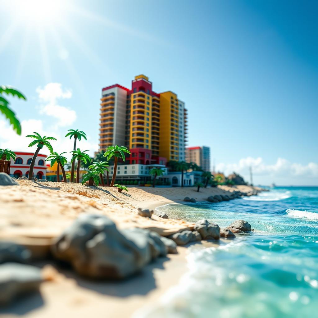 Close-up of a small LEGO island shore with towering LEGO buildings, showcasing the entire island under a bright sunny day