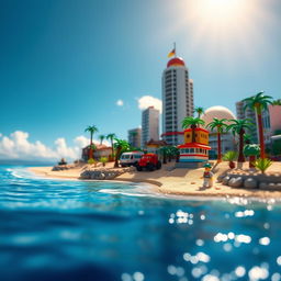 Close-up of a small LEGO island shore with towering LEGO buildings, showcasing the entire island under a bright sunny day