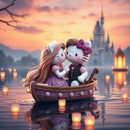 Rapunzel and Flynn Rider reimagined as Hello Kitty figures, sharing a sweet kiss on a small boat