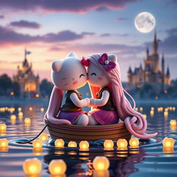 Rapunzel and Flynn Rider reimagined as Hello Kitty figures, sharing a sweet kiss on a small boat