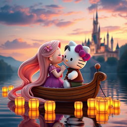 Rapunzel and Flynn Rider reimagined as Hello Kitty figures, sharing a sweet kiss on a small boat