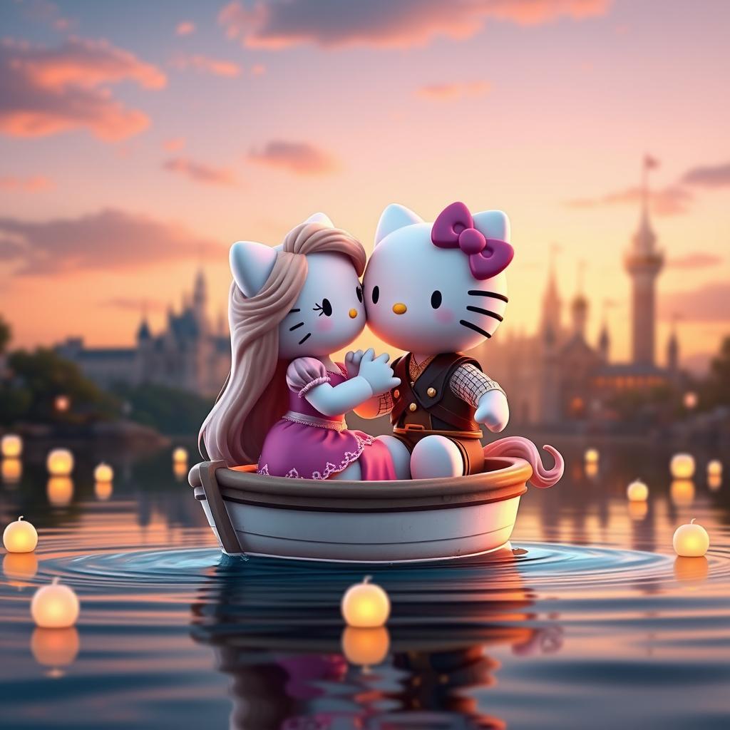 Rapunzel and Flynn Rider reimagined as Hello Kitty figures, sharing a sweet kiss on a small boat