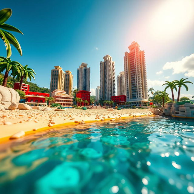 Close-up full view of a small LEGO island shore with towering LEGO buildings under a bright sunny day