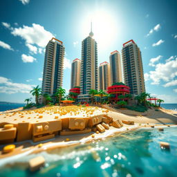 Close-up full view of a small LEGO island shore with towering LEGO buildings under a bright sunny day