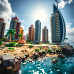 Close-up full view of a small LEGO island shore with towering LEGO buildings under a bright sunny day