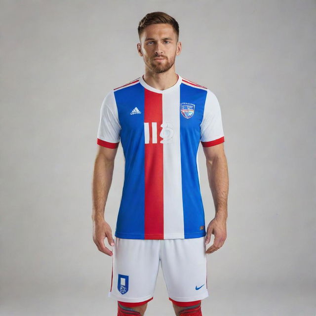 A striking football kit with colors white, blue, and red