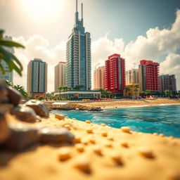 Close-up full view of a small LEGO island shore with towering LEGO buildings under a bright sunny day