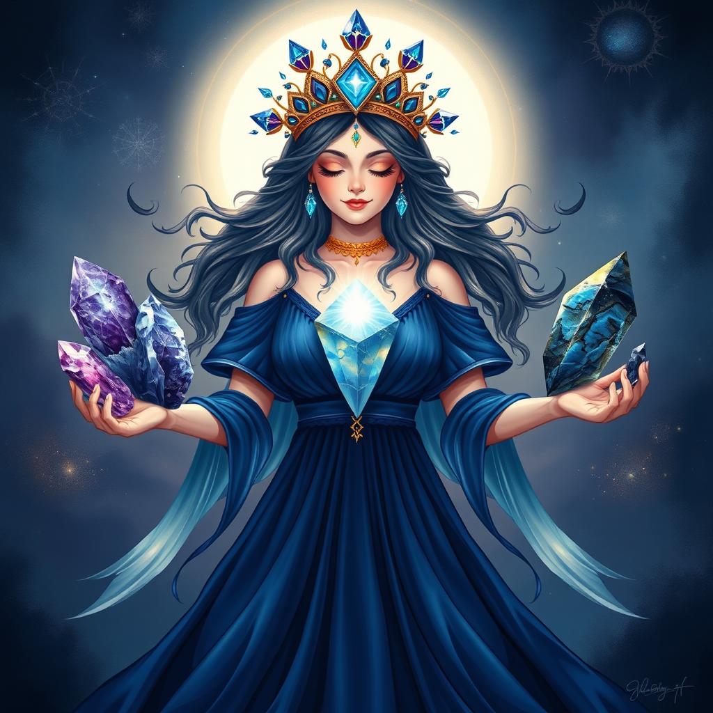 The Goddess of Light is illustrated in a fantastical and enchanting art style, adorned in an indigo dress that captures the mystery and depth of twilight