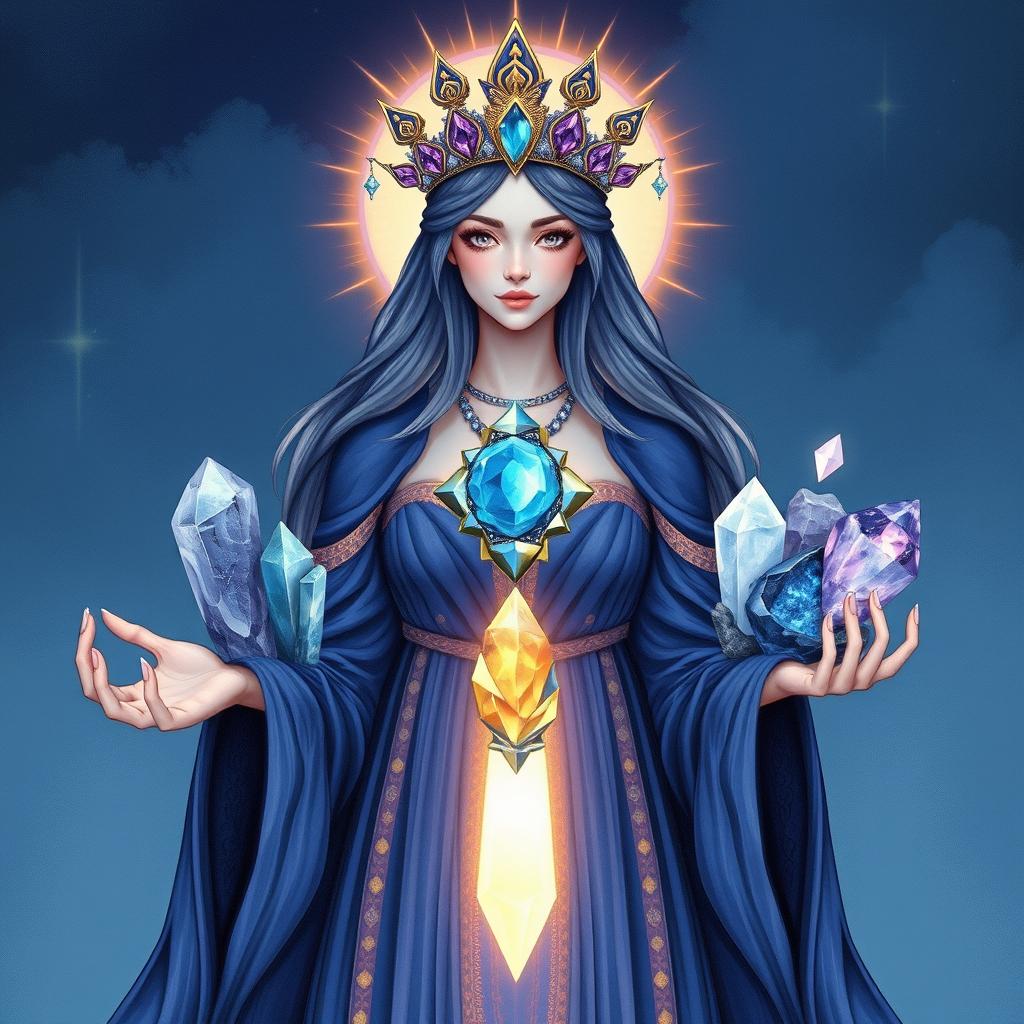 The Goddess of Light is illustrated in a fantastical and enchanting art style, adorned in an indigo dress that captures the mystery and depth of twilight