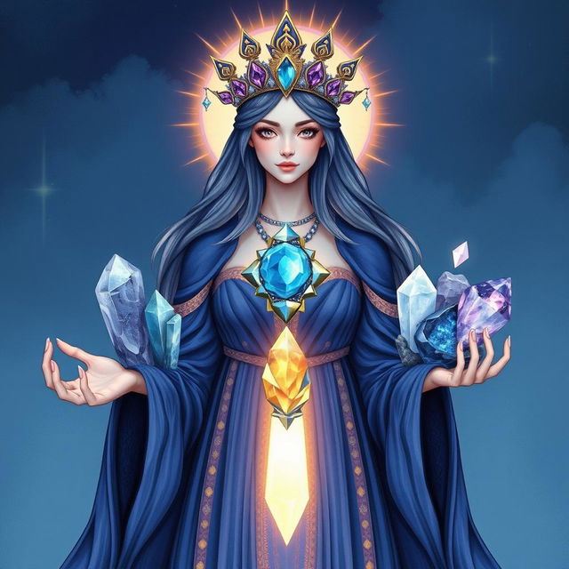 The Goddess of Light is illustrated in a fantastical and enchanting art style, adorned in an indigo dress that captures the mystery and depth of twilight