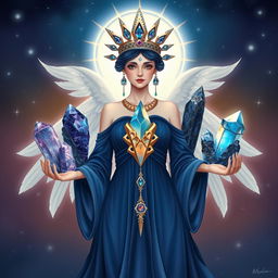 The Goddess of Light is illustrated in a fantastical and enchanting art style, adorned in an indigo dress that captures the mystery and depth of twilight