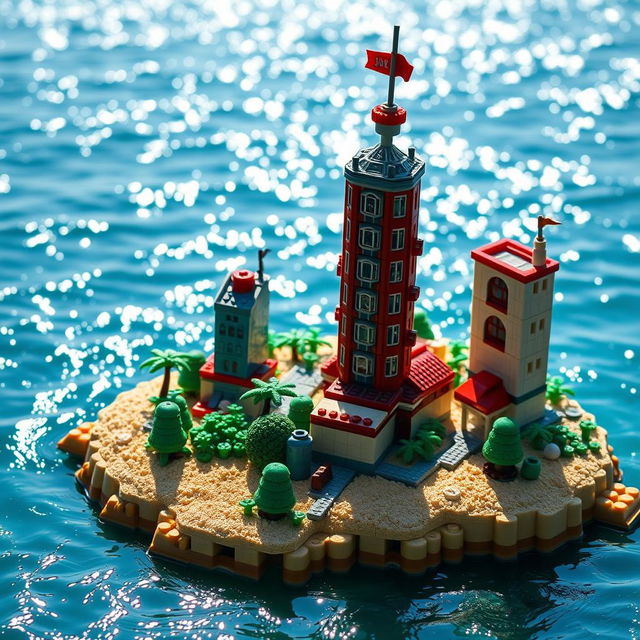 Close-up full view of a small LEGO island shore with towering LEGO buildings under a bright sunny day, surrounded by shimmering water