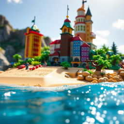 Close-up full view of a small LEGO island shore with towering LEGO buildings under a bright sunny day, surrounded by shimmering water