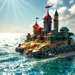 Close-up full view of a small LEGO island shore with towering LEGO buildings under a bright sunny day, surrounded by shimmering water