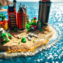 Close-up full view of a small LEGO island shore with towering LEGO buildings under a bright sunny day, surrounded by shimmering water