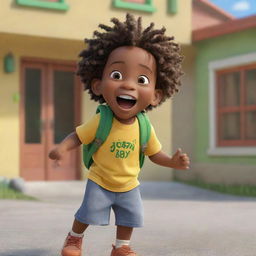 A Pixar-style animated image of an excited Jamaican toddler Rasta boy standing in front of his preschool, wearing a backpack, and bursting with glee