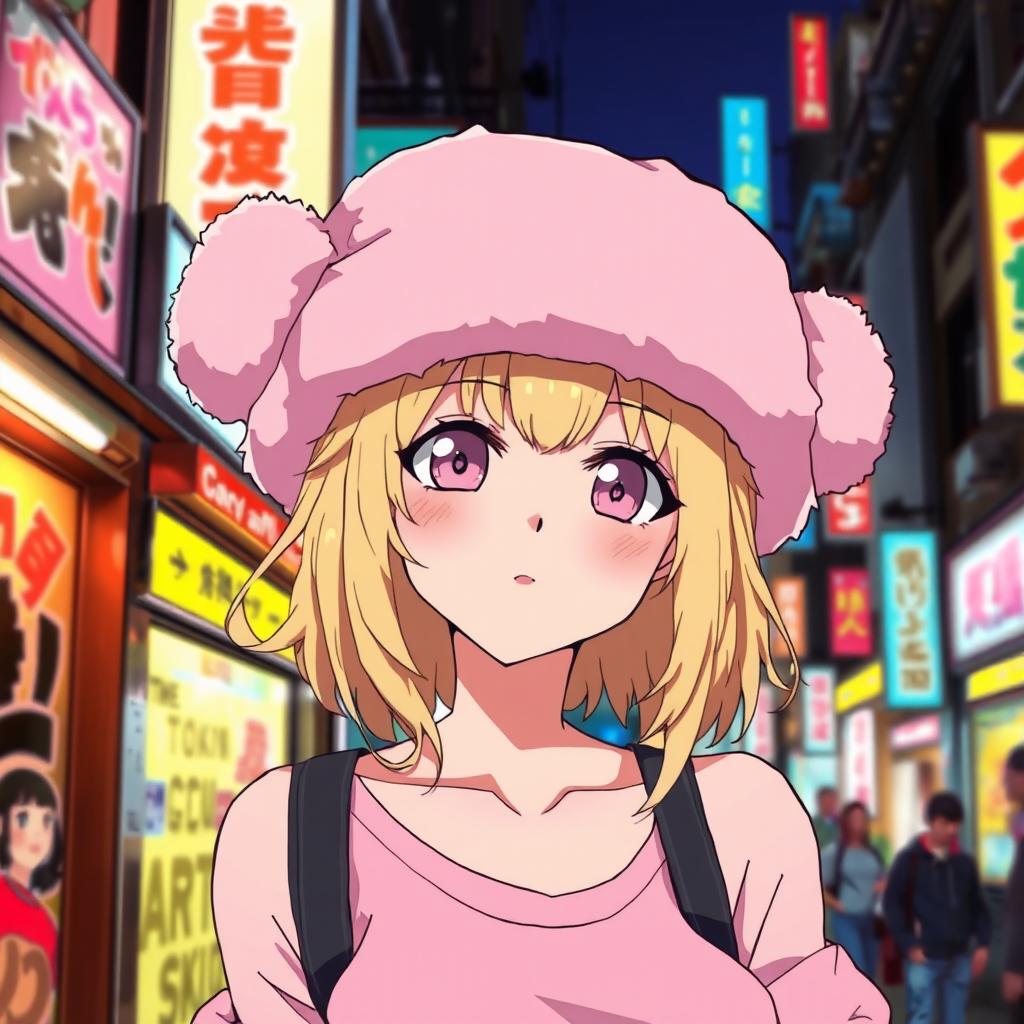 Anime art style inspired by "Tokyo Revengers", featuring a blonde girl with pink eyes, wearing a pink ushanka hat