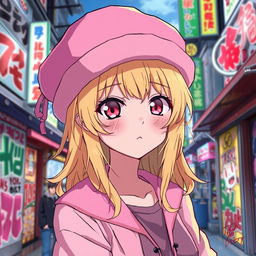 Anime art style inspired by "Tokyo Revengers", featuring a blonde girl with pink eyes, wearing a pink ushanka hat