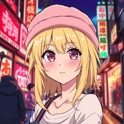 Anime art style inspired by "Tokyo Revengers", featuring a blonde girl with pink eyes, wearing a pink ushanka hat