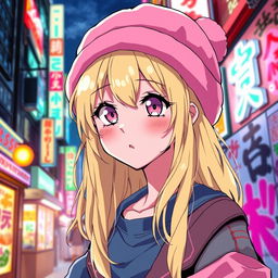 Anime art style inspired by "Tokyo Revengers", featuring a blonde girl with pink eyes, wearing a pink ushanka hat