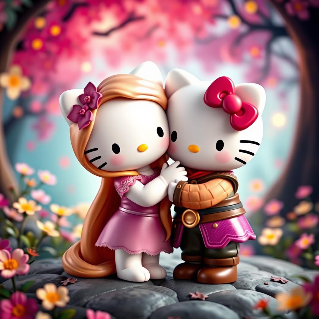 Rapunzel and Flynn Rider reimagined as Hello Kitty figures, engaging in a sweet and tender hug