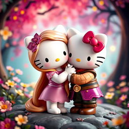 Rapunzel and Flynn Rider reimagined as Hello Kitty figures, engaging in a sweet and tender hug