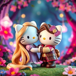 Rapunzel and Flynn Rider reimagined as Hello Kitty figures, engaging in a sweet and tender hug