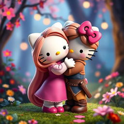 Rapunzel and Flynn Rider reimagined as Hello Kitty figures, engaging in a sweet and tender hug