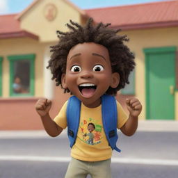 A Pixar-style animated image of an excited Jamaican toddler Rasta boy standing in front of his preschool, wearing a backpack, and bursting with glee